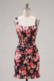 Tight Short Black Pink Flower Thick Straps Corset Homecoming Dress with Ruffles