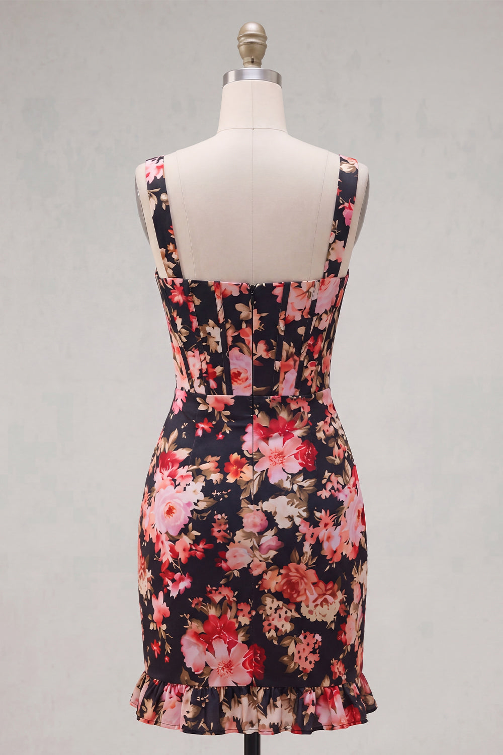 Tight Short Black Pink Flower Thick Straps Corset Homecoming Dress with Ruffles