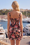 Tight Short Black Pink Flower Thick Straps Corset Homecoming Dress with Ruffles