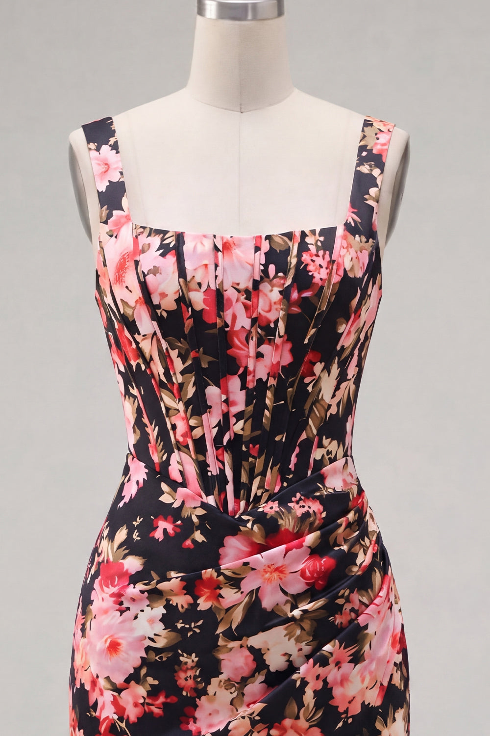 Tight Short Black Pink Flower Thick Straps Corset Homecoming Dress with Ruffles