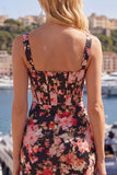 Tight Short Black Pink Flower Thick Straps Corset Homecoming Dress with Ruffles