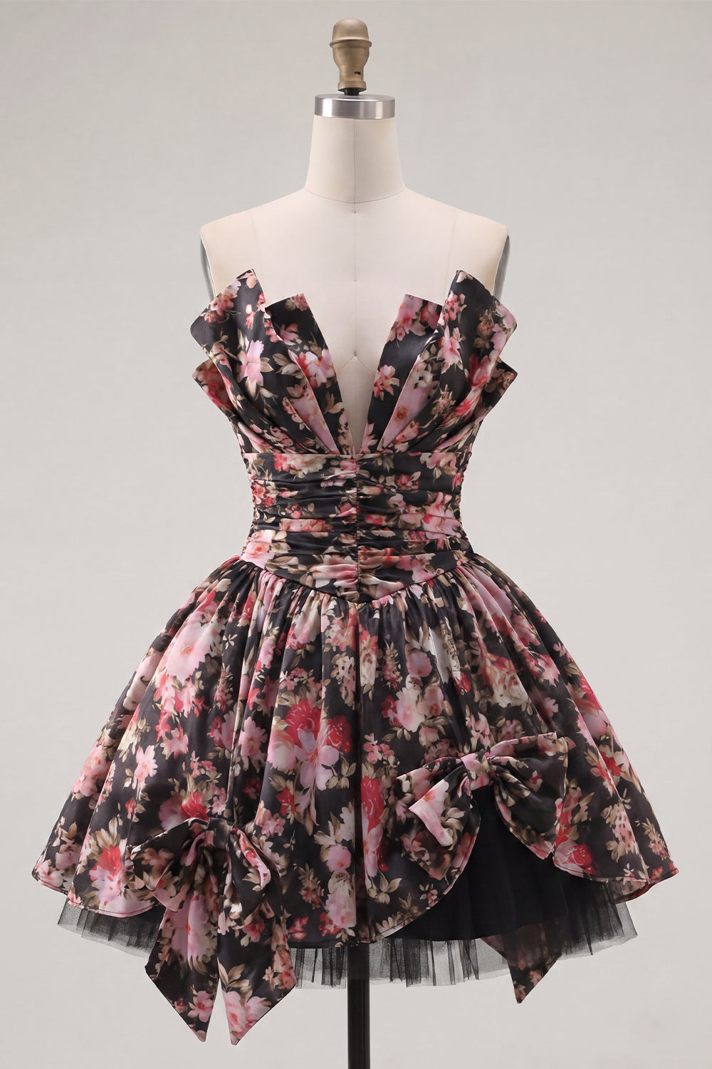 V-Neck Black Pink Flower A Line Short Ruched Homecoming Dress with Bows
