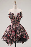 V-Neck Black Pink Flower A Line Short Ruched Homecoming Dress with Bows