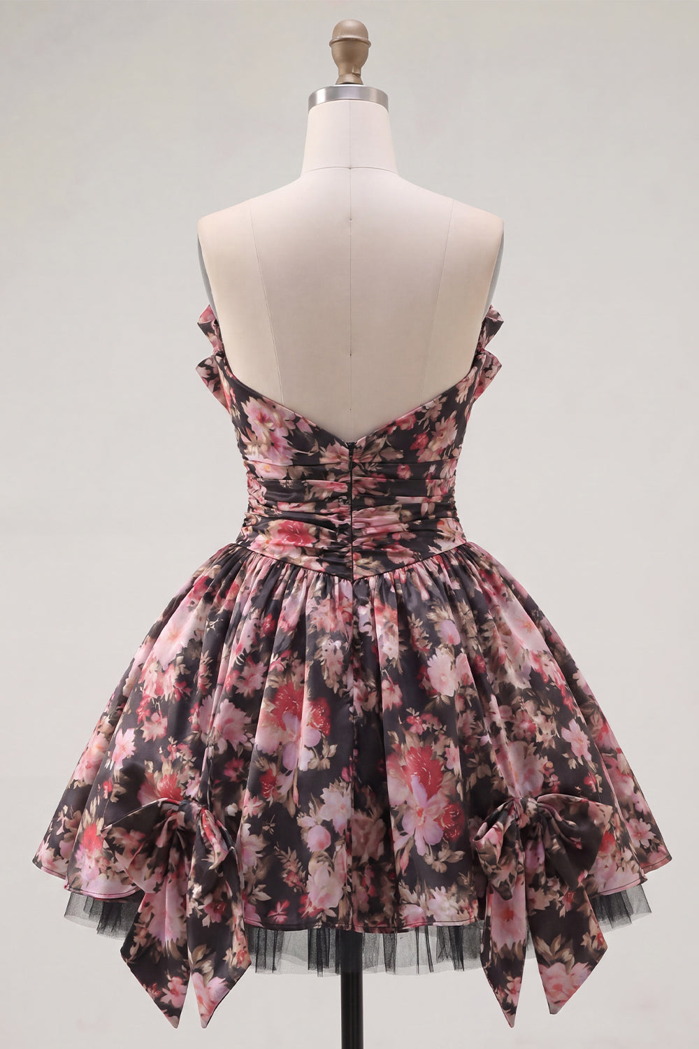 V-Neck Black Pink Flower A Line Short Ruched Homecoming Dress with Bows