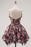 V-Neck Black Pink Flower A Line Short Ruched Homecoming Dress with Bows