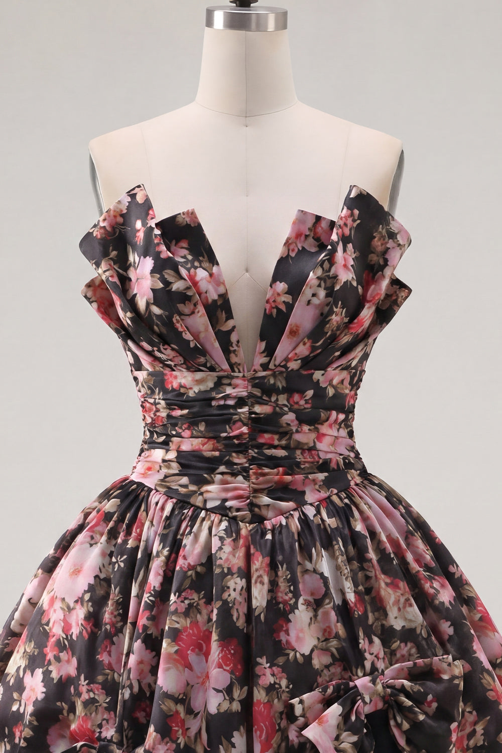 V-Neck Black Pink Flower A Line Short Ruched Homecoming Dress with Bows