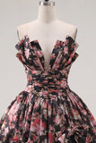 V-Neck Black Pink Flower A Line Short Ruched Homecoming Dress with Bows