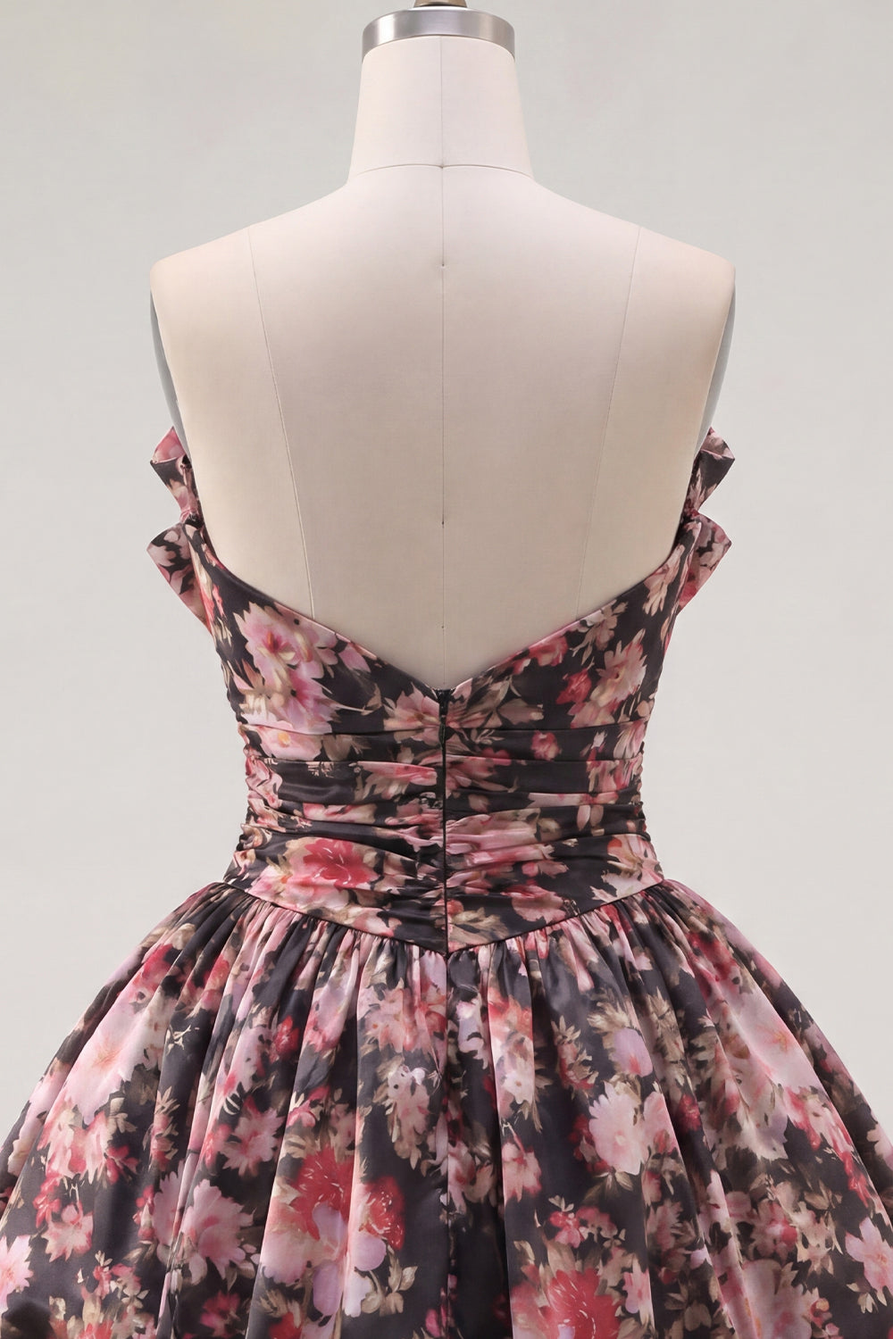 V-Neck Black Pink Flower A Line Short Ruched Homecoming Dress with Bows