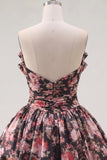 V-Neck Black Pink Flower A Line Short Ruched Homecoming Dress with Bows
