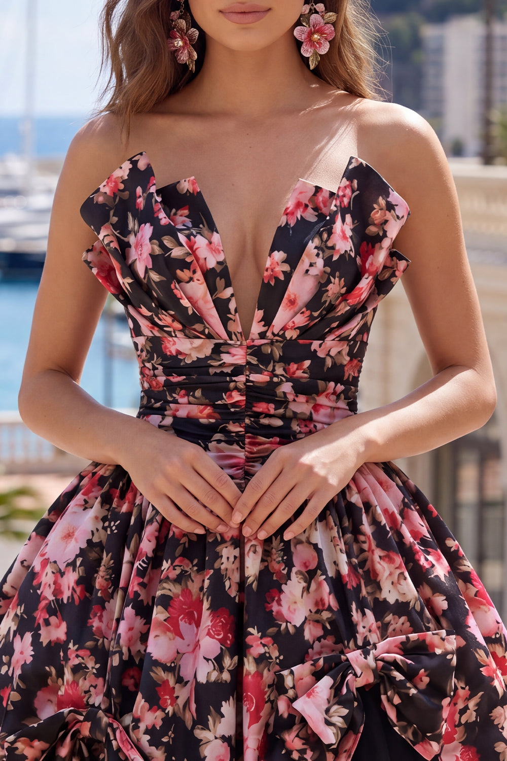 V-Neck Black Pink Flower A Line Short Ruched Homecoming Dress with Bows