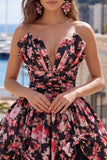V-Neck Black Pink Flower A Line Short Ruched Homecoming Dress with Bows