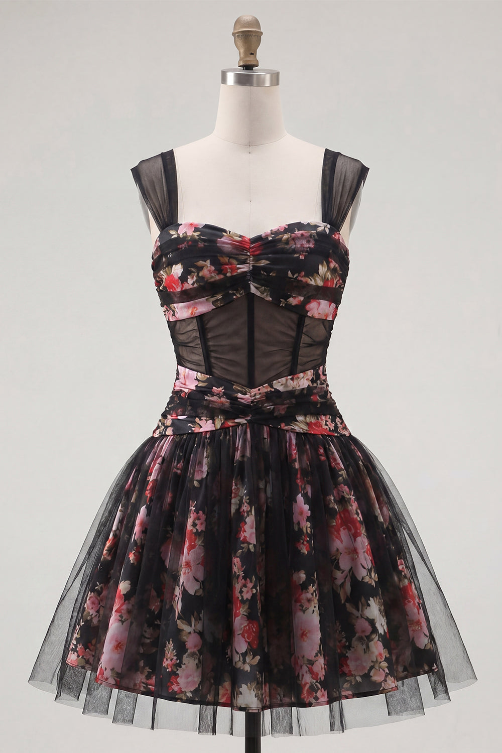 Black Pink Floral Ruched A Line Short Corset Homecoming Dress