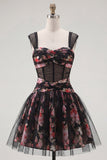 Black Pink Floral Ruched A Line Short Corset Homecoming Dress
