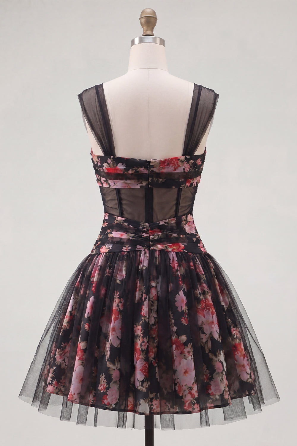 Black Pink Floral Ruched A Line Short Corset Homecoming Dress