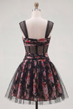 Black Pink Floral Ruched A Line Short Corset Homecoming Dress
