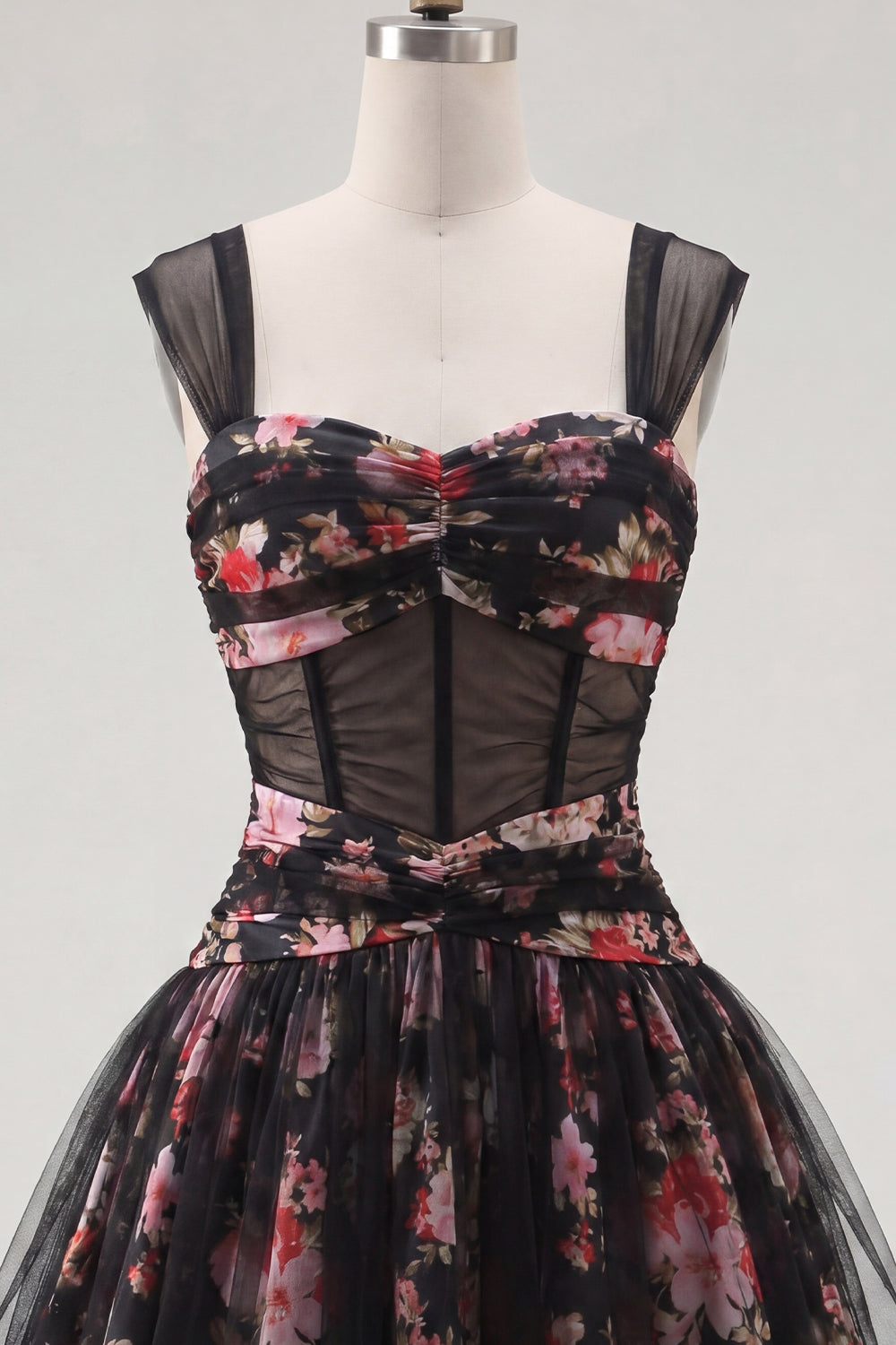 Black Pink Floral Ruched A Line Short Corset Homecoming Dress