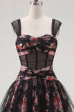 Black Pink Floral Ruched A Line Short Corset Homecoming Dress