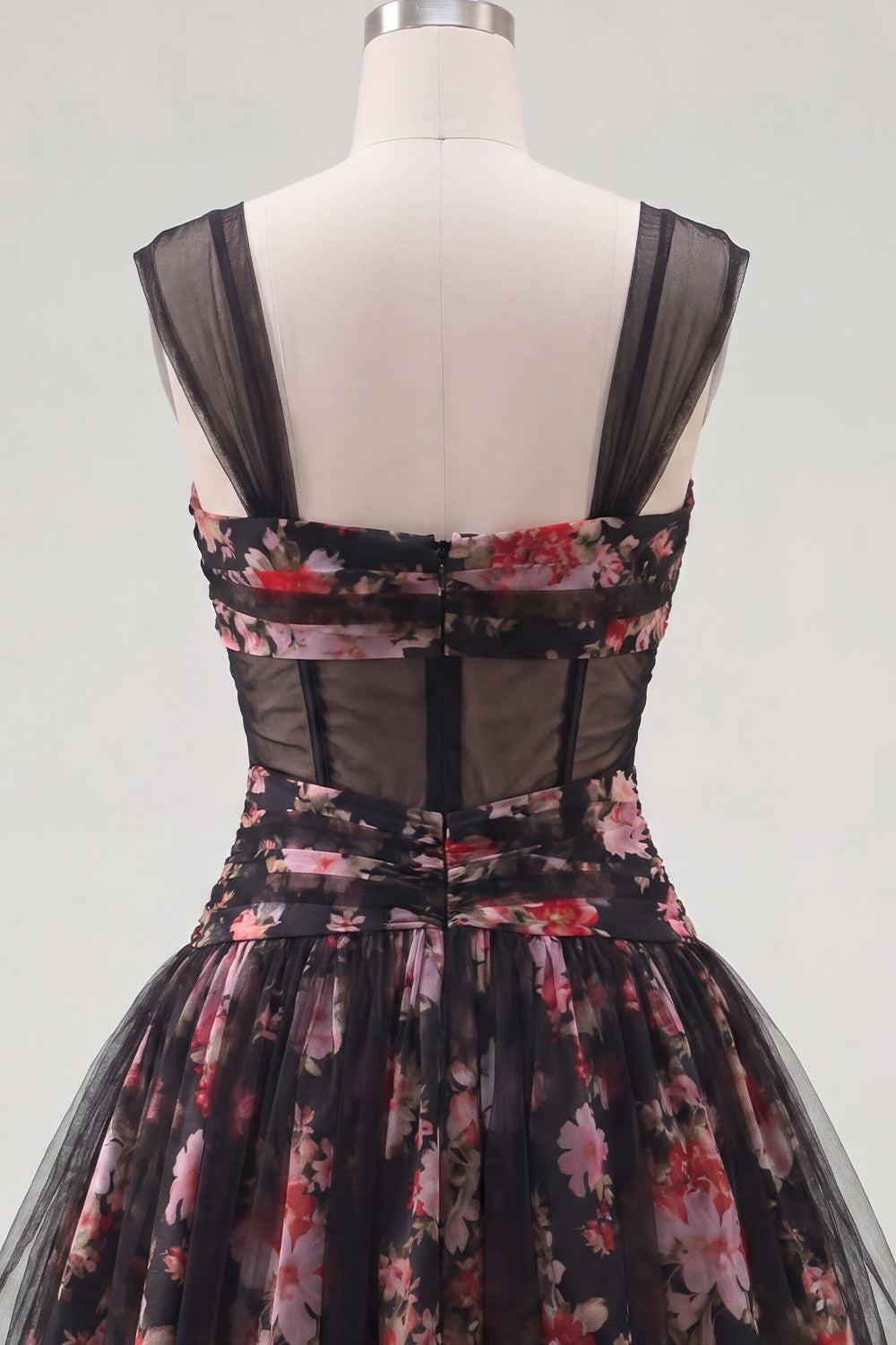 Black Pink Floral Ruched A Line Short Corset Homecoming Dress