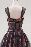 Black Pink Floral Ruched A Line Short Corset Homecoming Dress