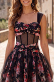 Black Pink Floral Ruched A Line Short Corset Homecoming Dress