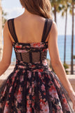 Black Pink Floral Ruched A Line Short Corset Homecoming Dress