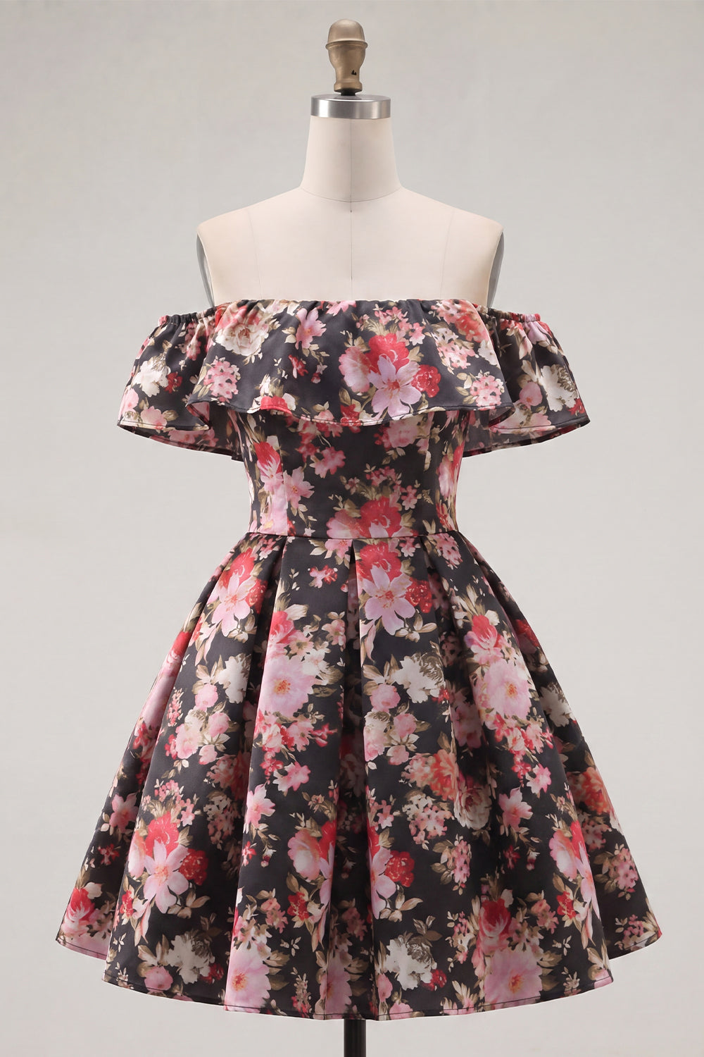 Off the Shoulder Black Pink Flower A Line Short Homecoming Dress