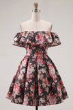 Off the Shoulder Black Pink Flower A Line Short Homecoming Dress