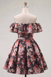 Off the Shoulder Black Pink Flower A Line Short Homecoming Dress