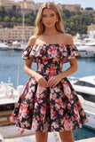 Off the Shoulder Black Pink Flower A Line Short Homecoming Dress