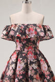 Off the Shoulder Black Pink Flower A Line Short Homecoming Dress