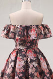Off the Shoulder Black Pink Flower A Line Short Homecoming Dress