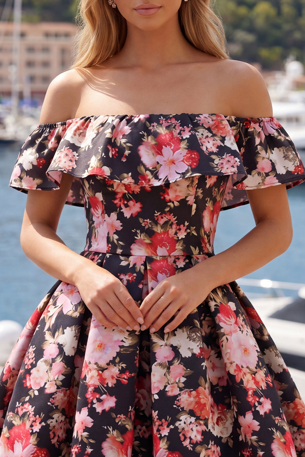 Off the Shoulder Black Pink Flower A Line Short Homecoming Dress