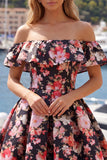 Off the Shoulder Black Pink Flower A Line Short Homecoming Dress