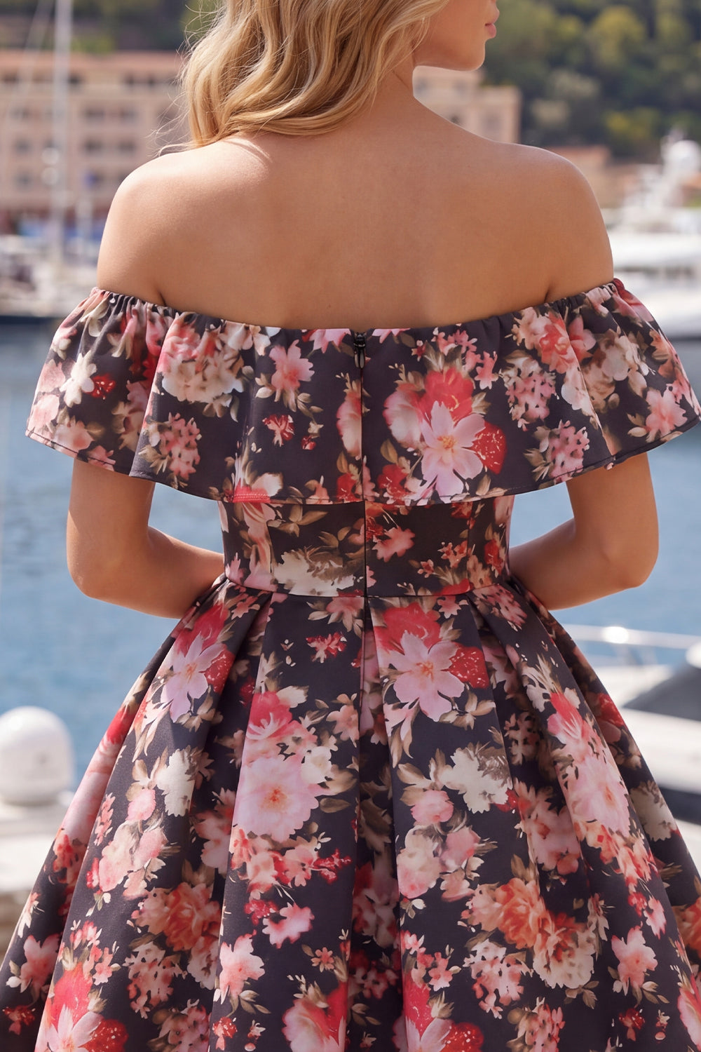 Off the Shoulder Black Pink Flower A Line Short Homecoming Dress
