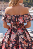 Off the Shoulder Black Pink Flower A Line Short Homecoming Dress