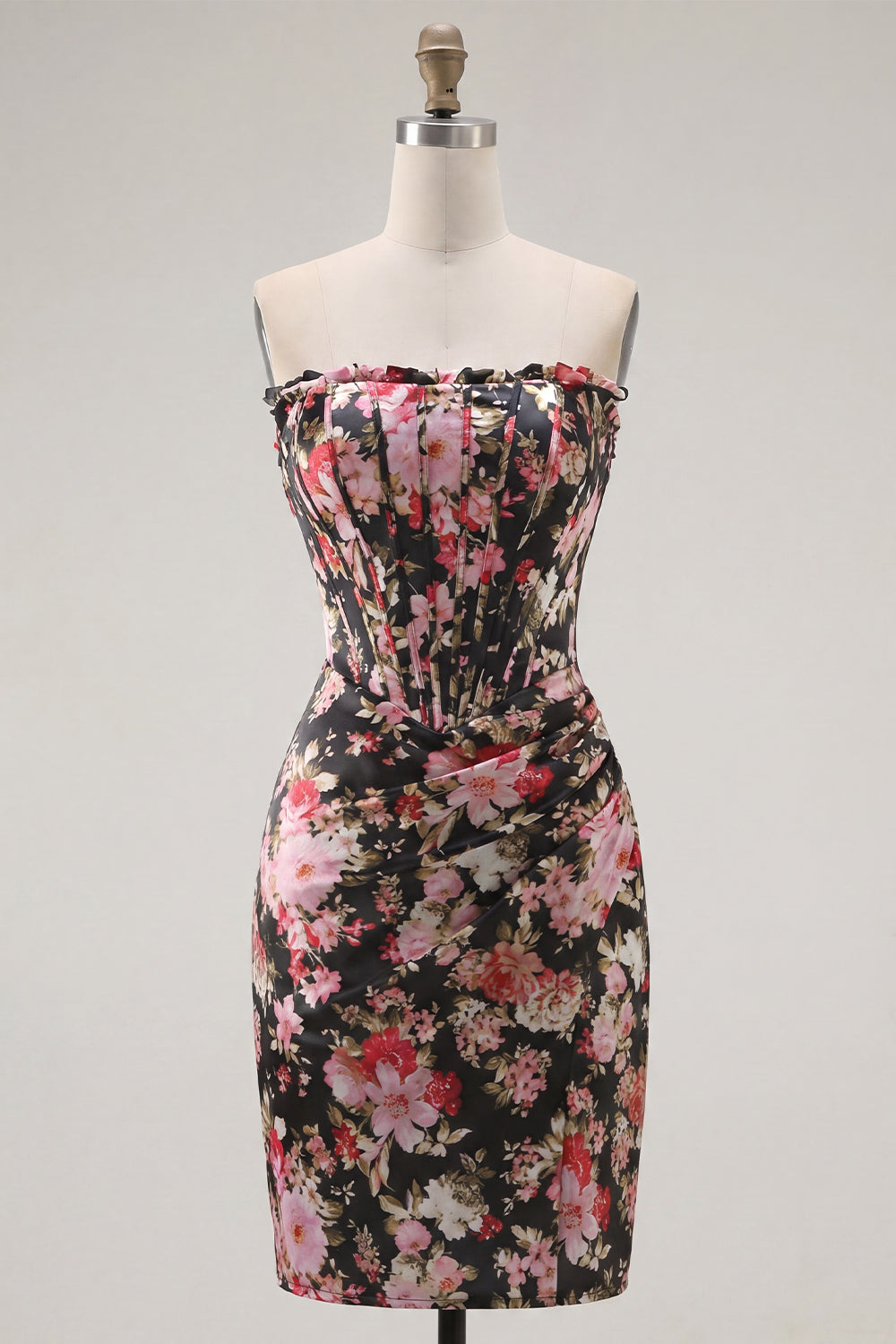 Strapless Ruched Tight Short Black Pink Flower Corset Homecoming Dress