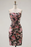 Strapless Ruched Tight Short Black Pink Flower Corset Homecoming Dress
