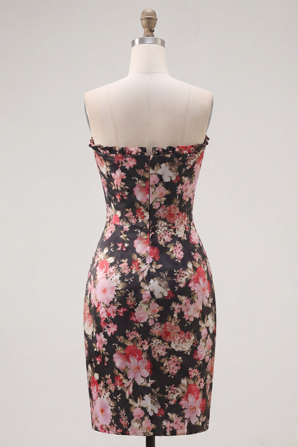 Strapless Ruched Tight Short Black Pink Flower Corset Homecoming Dress