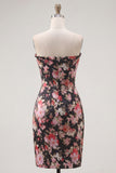 Strapless Ruched Tight Short Black Pink Flower Corset Homecoming Dress