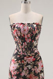 Strapless Ruched Tight Short Black Pink Flower Corset Homecoming Dress