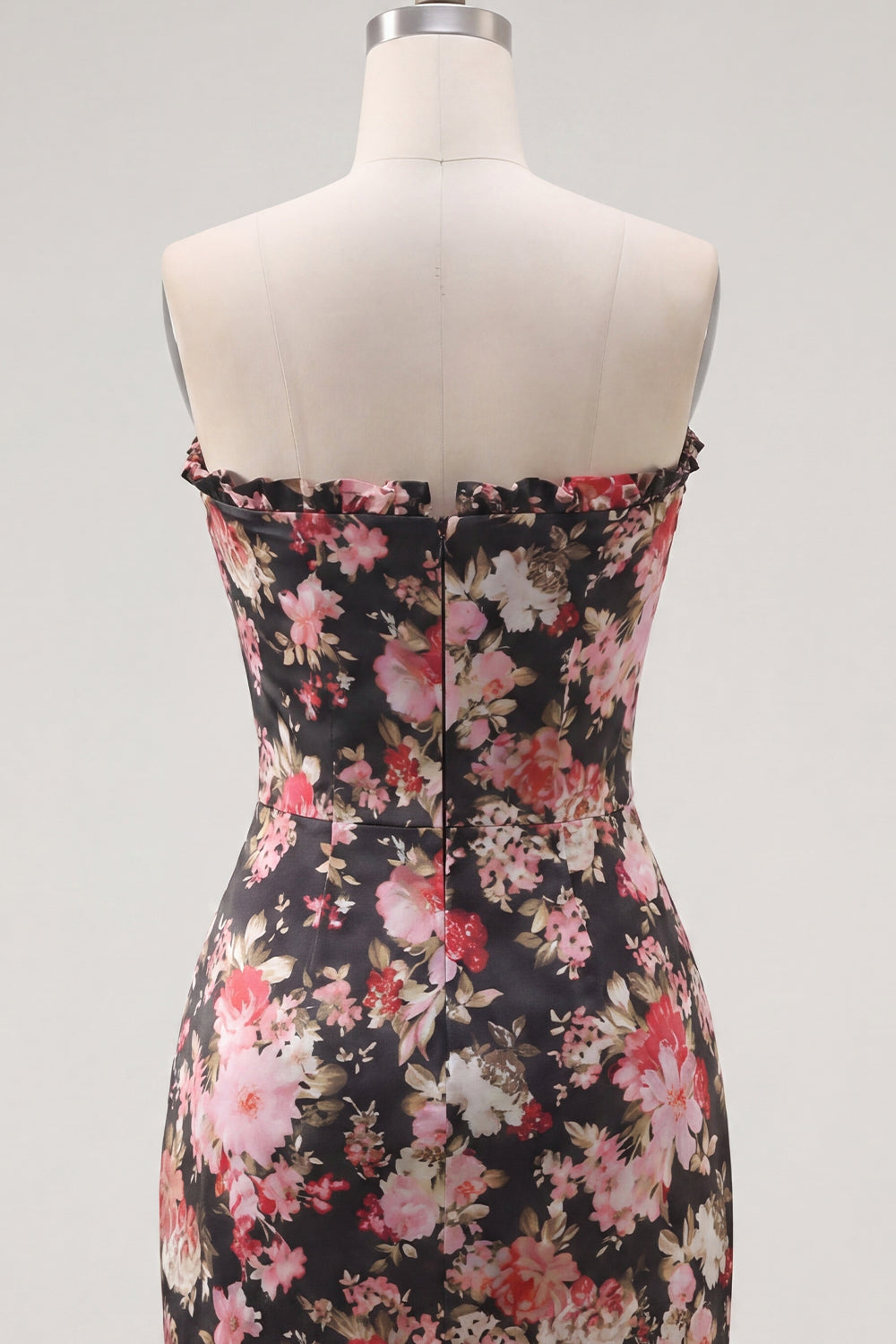 Strapless Ruched Tight Short Black Pink Flower Corset Homecoming Dress