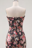 Strapless Ruched Tight Short Black Pink Flower Corset Homecoming Dress