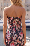 Strapless Ruched Tight Short Black Pink Flower Corset Homecoming Dress
