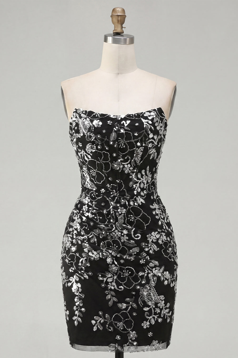 Sparkly Black Tight Short Ruched Floral Strapless Homecoming Dress with Sequins