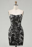 Sparkly Black Tight Short Ruched Floral Strapless Homecoming Dress with Sequins