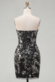 Sparkly Black Tight Short Ruched Floral Strapless Homecoming Dress with Sequins