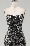 Sparkly Black Tight Short Ruched Floral Strapless Homecoming Dress with Sequins