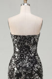 Sparkly Black Tight Short Ruched Floral Strapless Homecoming Dress with Sequins