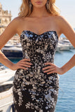 Sparkly Black Tight Short Ruched Floral Strapless Homecoming Dress with Sequins
