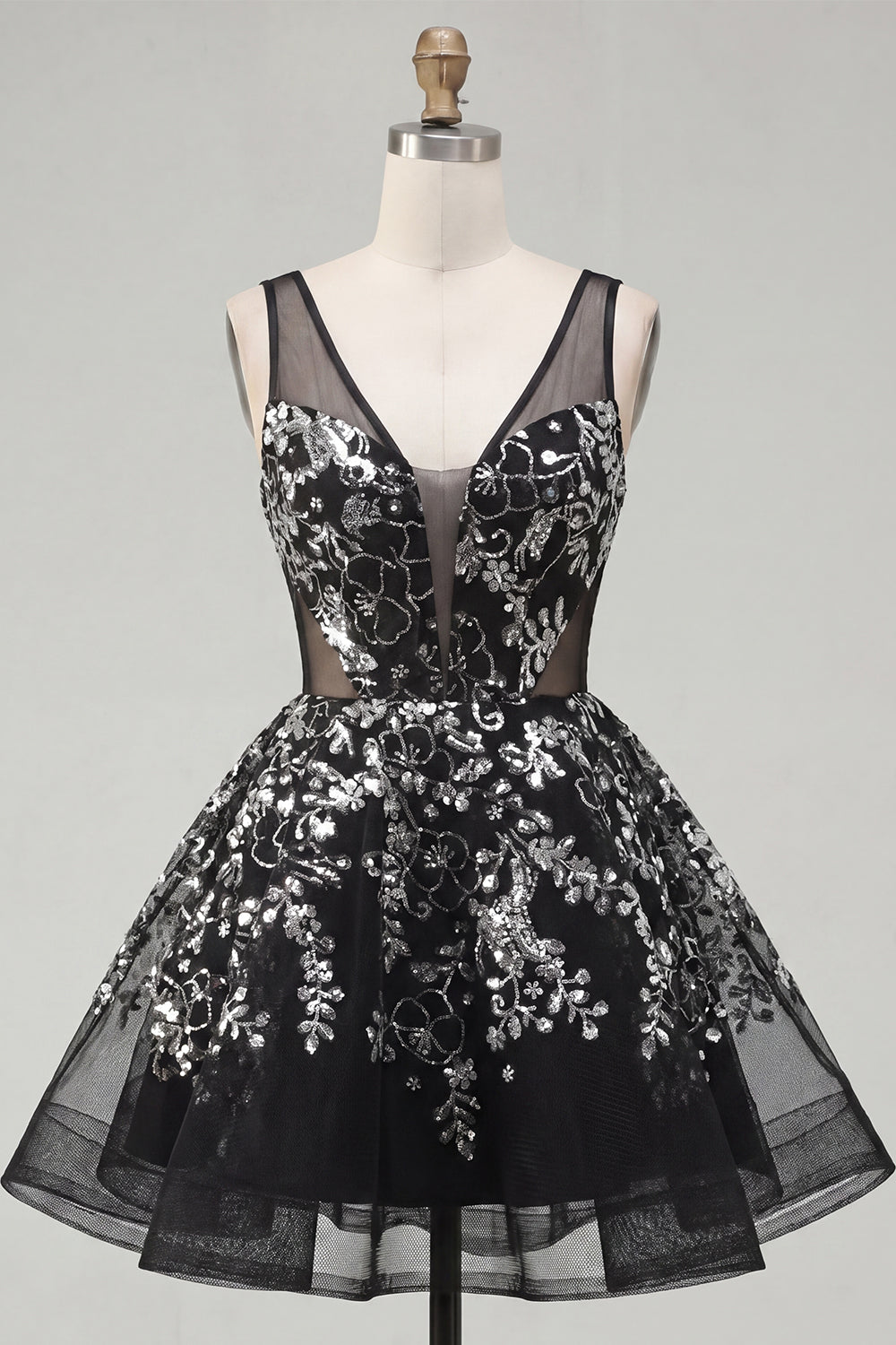 Floral Sparkly Black Short Sequin A Line Homecoming Dress